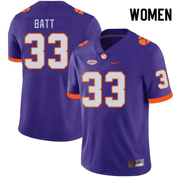 Women's Clemson Tigers Griffin Batt #33 College Purple NCAA Authentic Football Stitched Jersey 23TY30PO